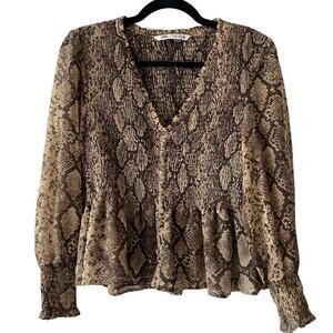Zara Smock Ruffle Snake Print VNeck Sheer Blouse Long Sleeve S Brown Cream #3049